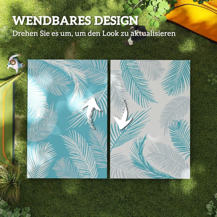 MELAYR, Outdoor Teppich wendbarer robuster Wetterfest Outdoorteppich mit Tragetasche Bodenankern 274 x 182 cm, Hellblau – Bild 6