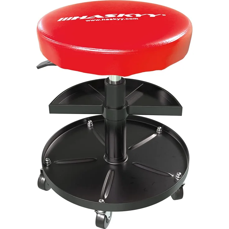 Haskyy Höhenverstellbar Werkstattstuhl Werkstatthocker Werkstattsitz Arbeits-Hocker-Stuhl-Sitz ROT mit 5 Rollen | ca. ø 40cm | 2 Ablagen | 430-580mm