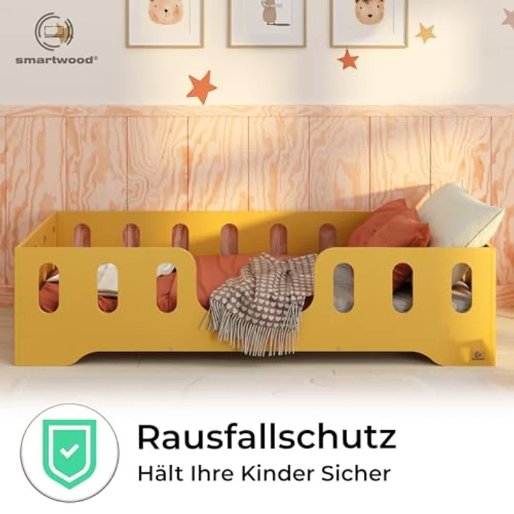 smartwood Kinderbett Bodenbett 90x200 mit Rausfallschutz & Lattenrost - Senfgelb - Kinder Montessori Bett TILA 2 mit glatten Kanten - Betten für schnelle Montage - Bis 230 kg belastbar – Bild 7