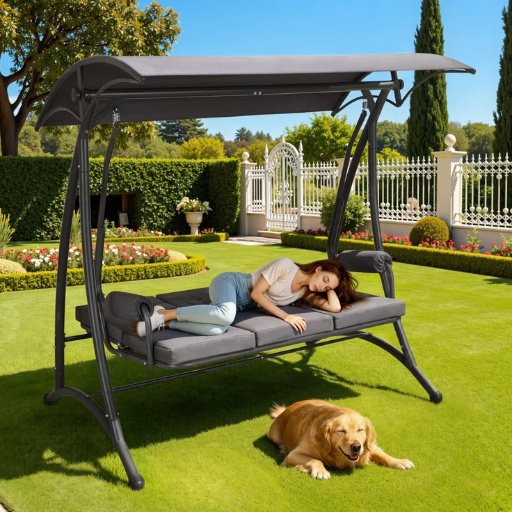 M MCombo 3-Sitzer Hollywoodschaukel mit Liegefunktion, 3 Extradickem Sitzkissen & Silent-Haken, Ruhige Gartenschaukel bis 300kg Belastbar, Schaukelbank Outdoor Wetterfest 4025 (grau) – Bild 2