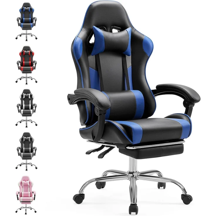 Sweetcrispy Gaming Stuhl,Ergonomischer Bürostuhl mit Fußstütze,Gamer PC Stühle mit Kopfstütze Lendenkissen,90-150° einstellbar Gaming Chair,Leder Drehbar Schreibtischstuhl Computerstuhl,Blau