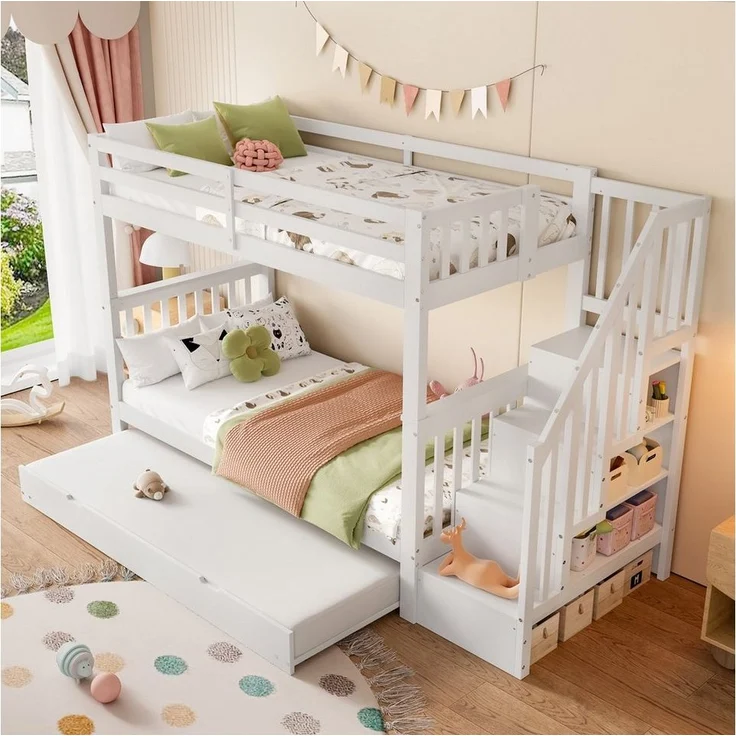 SOFTWEARY Etagenbett mit 3 Liegeflächen und Lattenrost (90x200 cm), Kinderbett mit Rausfallschutz, Treppe beidseitig montierbar, Kiefer – Bild 2