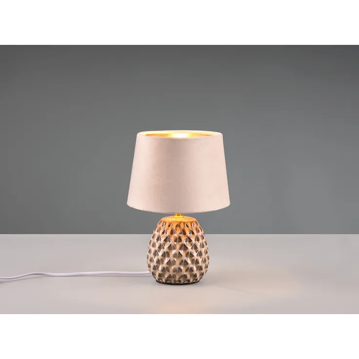 LED Retro Tischleuchte mit Samtschirm in Beige/Gold, Höhe 27cm