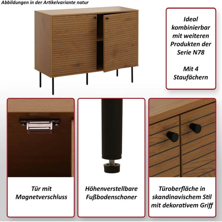 Sideboard HWC-N78, Kommode Schrank Anrichte, skandinavischer Stil Metall Holz Melamin MVG 86x110x40cm ~ natur – Bild 2