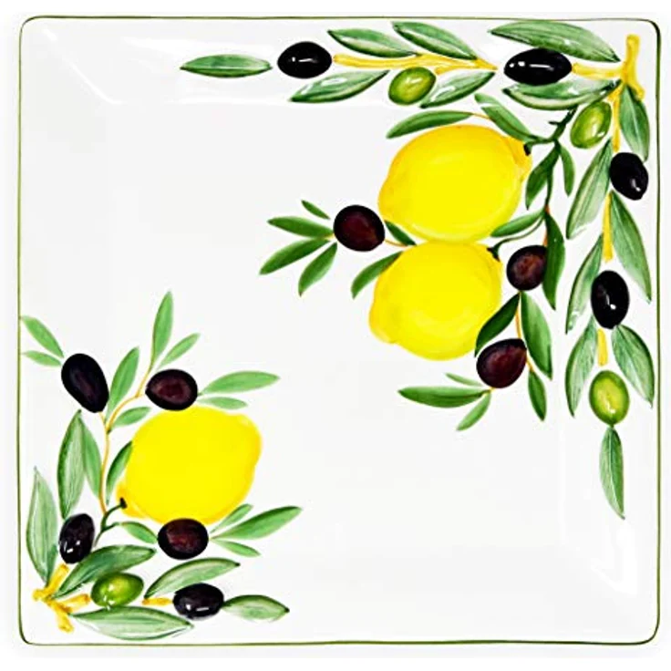 Lashuma Servierplatte Zitrone Olive, Keramik, (1-tlg, 27 x 27 cm), Quadratischer Obstteller mit Zitronen Oliven Design – Bild 2