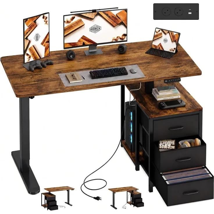 IRONCK Höhenverstellbarer Schreibtisch 120x60 cm Steckdose & Stoffschubladen | Elektrisch Computertisch, USB-C Anschluss, Reversibel Stehpult, Stufenlos verstellbar, Memory-Funktion, Stehtisch Büro Braun