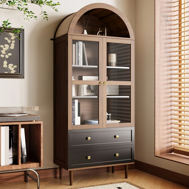 Kommode Aufbewahrungsschrank mit verstellbaren Einlegeböden,Moderner Retro-Aufbewahrungsschrank aus gewölbtem Glas,Verstellbare Regale,Luxuriöses Sideboard--Nussbaum--70x38x168cm--YOUDENOVA – Bild 3