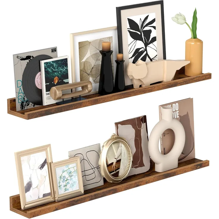 VASAGLE Wandregale, 2er Set, Schweberegale, Breite 80 cm, erhöhte Vorderkante, für Bilderrahmen, Dekoartikel, Gewürzgläser, für Küche, Wohnzimmer, vintagebraun