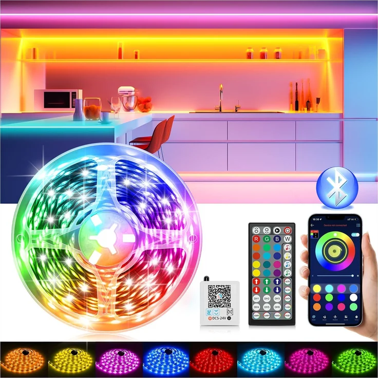 LED Strip LED Streifen 15m mit Fernbedienung & App & Musik Sync,Bluetooth RGB Lichterkette Dimmbar Farbwechsel, Band Leiste Selbstklebend TV Hintergrundbeleuchtung für Zimmer Deko/Gaming/Party