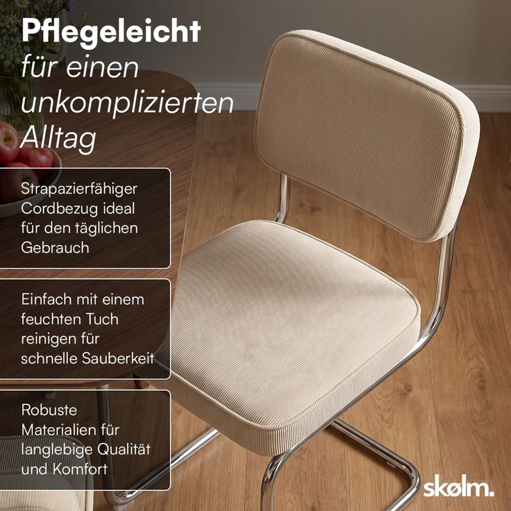 skølm 'Thund' Esszimmerstühle 4er Set, beige, Polsterstuhl aus Cord mit verchromten Metallgestell, Schwingstuhl bis 120 kg belastbar – Bild 8