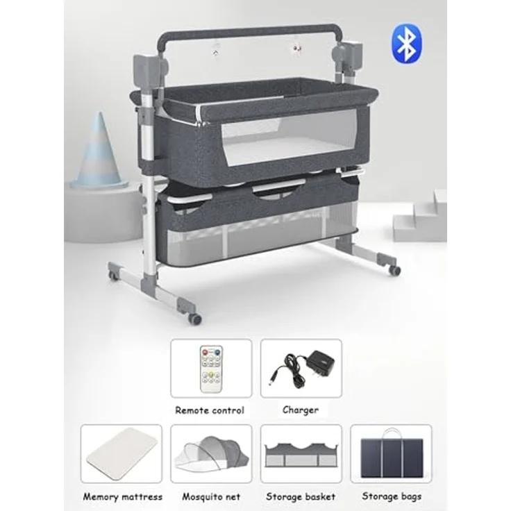Magic ZC Elektrische Bluetooth Intelligent Beistellbett Baby mit Rollen, Faltbar Co-Sleeping Babybett, Fernbedienung und 5-schwankende Zahnräder, Stubenwagen Kleinkind Wiege mit Musik (601 Grey) – Bild 2