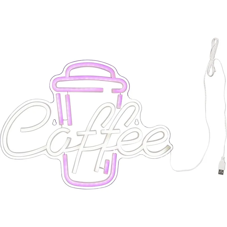 Neonschild ,Plexy Coffee', Plexiglas, USB, pink-weiß, 40x30cm