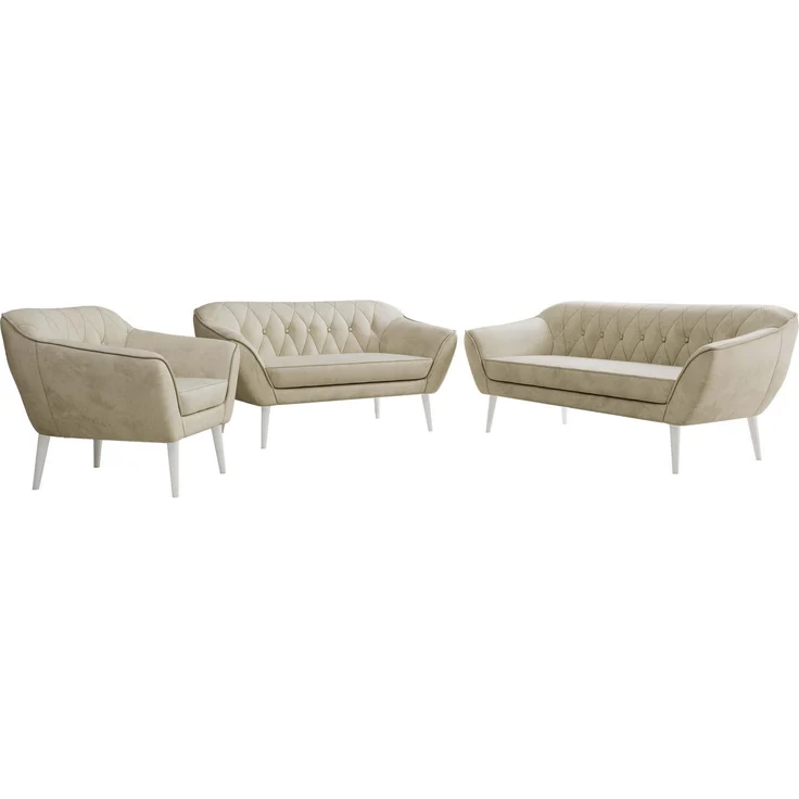 Wohnzimmerset PIRS 1-2-3, Skandinavisches Komplettset, Wellenfederung, weiße Füße, Sitzgruppe, Möbelset - Beige Velvet – Bild 6