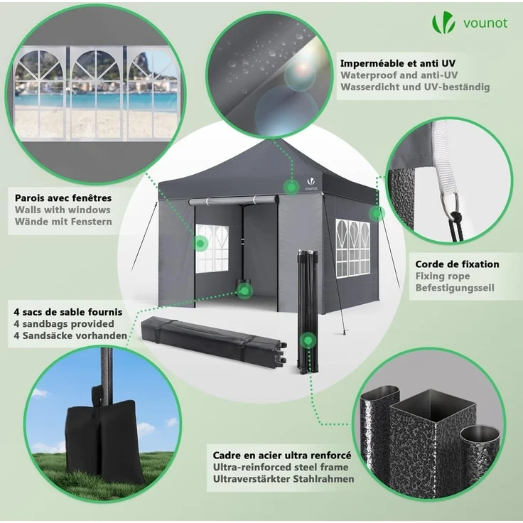 VOUNOT Pavillon 3x3 m Wasserdicht Stabil Winterfest, Pop Up Faltpavillon mit 4 Seitenteilen und 4 Sandsäcke, Party Pavillon Faltbar Gartenzelt Partyzelt, Grau – Bild 5