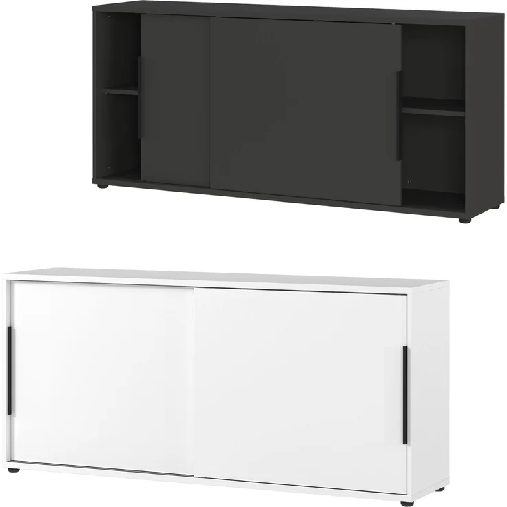 bümö Space Sideboard weiss mit Schiebetüren, Aktenschrank Holz 160 cm breit - Büro Schrank mit Schiebetür, Büroschrank schmal für die Dachschräge - Kommode für Ordner, SPCSS1OH-84 – Bild 10