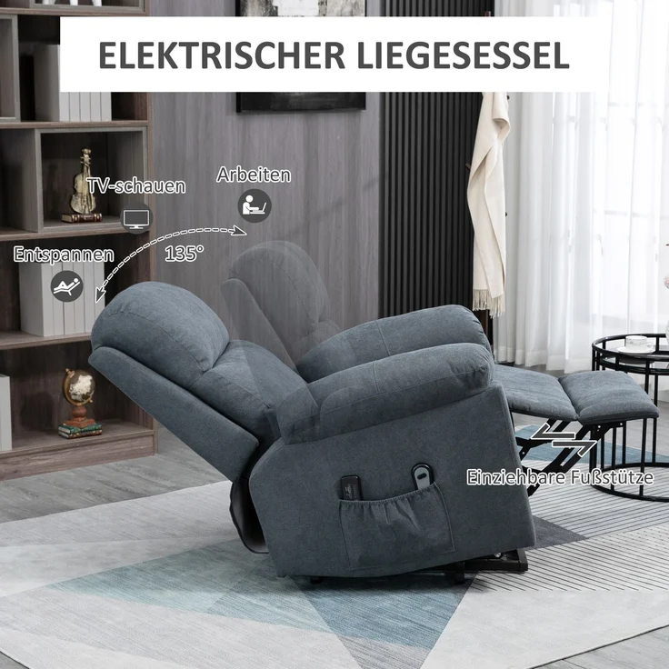 HOMCOM Massagesessel mit Aufstehhilfe, Pflegesessel mit Aufstehhilfe, 8 Vibrationsmotoren, inkl, Fernbedienung, grau--Grau--89x99x103cm--YOUDENOVA – Bild 5