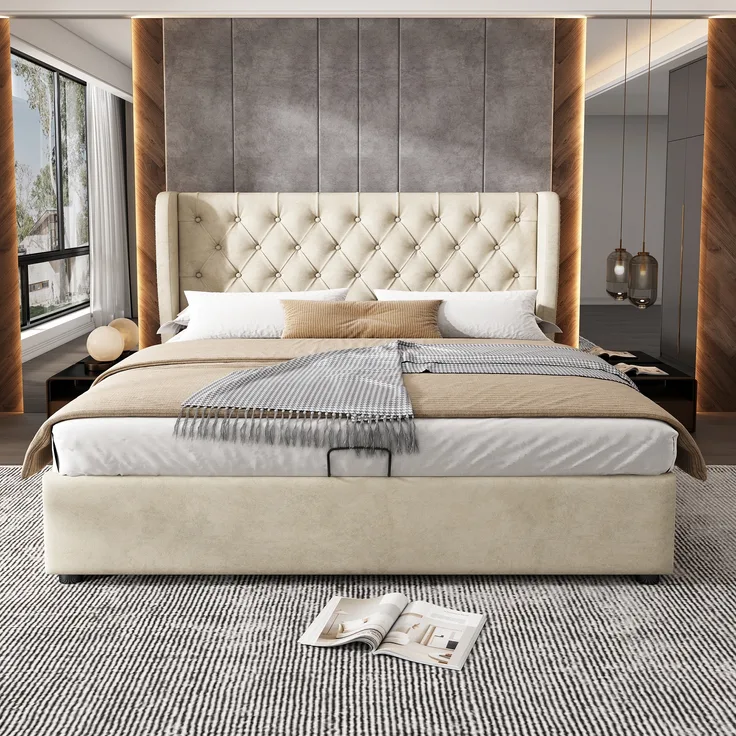 Polsterbett 180x200 cm, Chesterfield-Design in Beige mit hydraulischem Stauraum, ohne Matratze