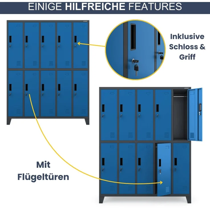 Umkleideschrank Spind BERLIN - 10 Abteile, Etikettenhalter Lüftungsschlitze | Umkleidespind Schließfachschrank Garderobenspind, 172x136x45cm Anthrazit-Blau – Bild 5