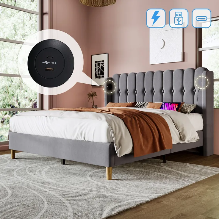 Einzelbett 140x200 cm Grau Leinen mit USB & Type-C Ladeanschluss,gepolstertes Kopfteil,Design-Paneel,stabiler Rahmen