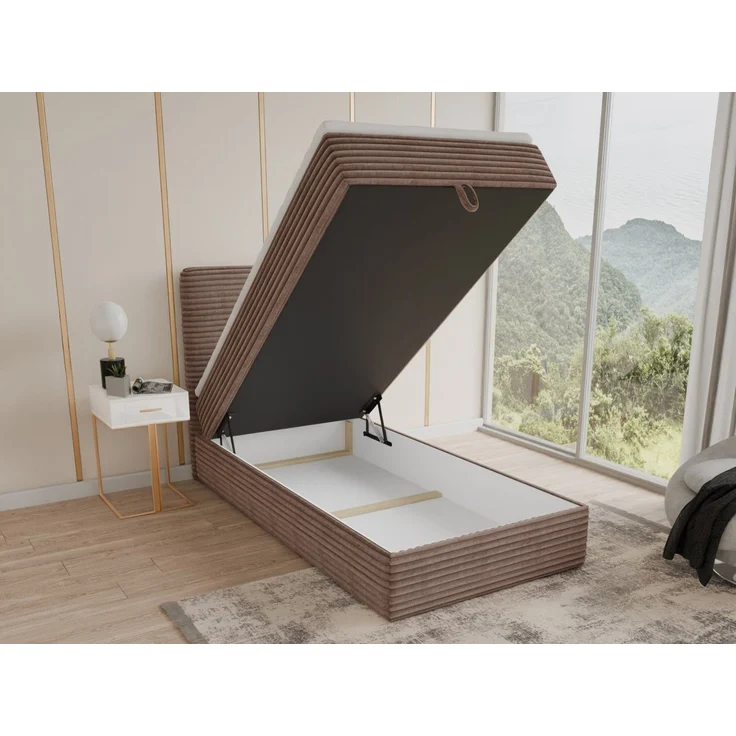 Boxspringbett Mollo Mini mit Bettkasten und Matratzentopper - Einzelbett mit Bonell-Matratze und Topper, Polsterbett in weichem Cordstoff, Bett, Schlafzimmer (Braun (Tilia 17), 120 x 200 cm) – Bild 2