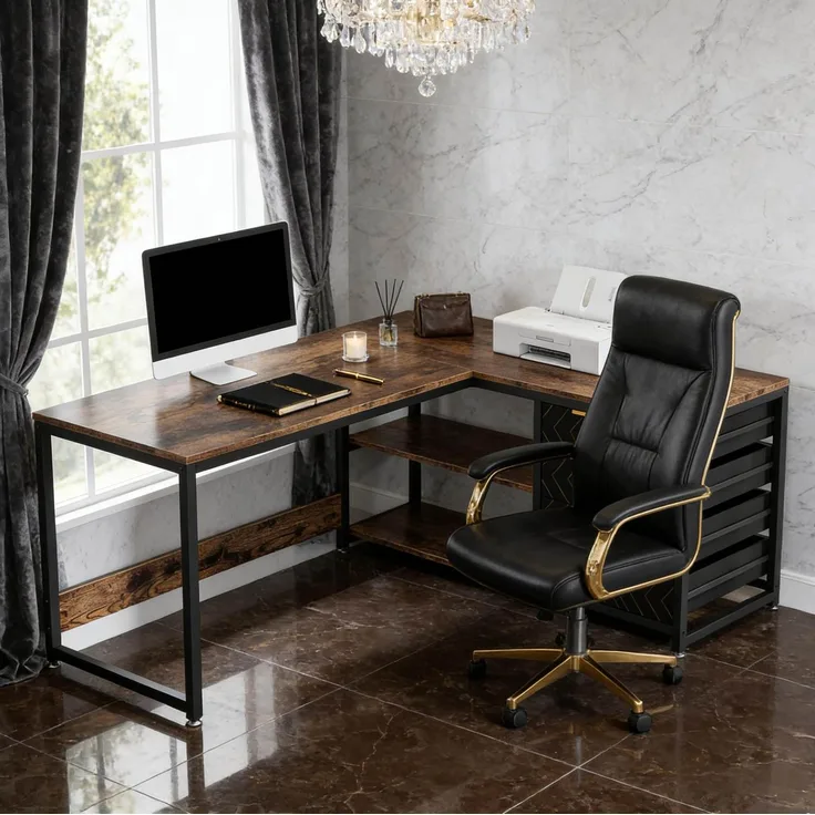 Eckschreibtisch aus Holzwerkstoff mit 4 Schubladen und Regal, 150x110x75 cm, Schwarz/Rustikales Braun