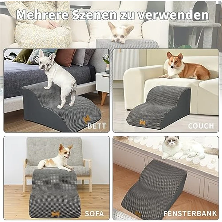 Nepfaivy Hundetreppe für Kleine Hunde 2-Stufig, Haustiertreppe für Bett und Sofa aus Hochdichtem Schwamm, Hunde Treppe Hunderampe mit Abnehmbarem, Waschbarem Bezug und Rutschfestem Boden, 55 x 40 x 30 cm – Bild 7