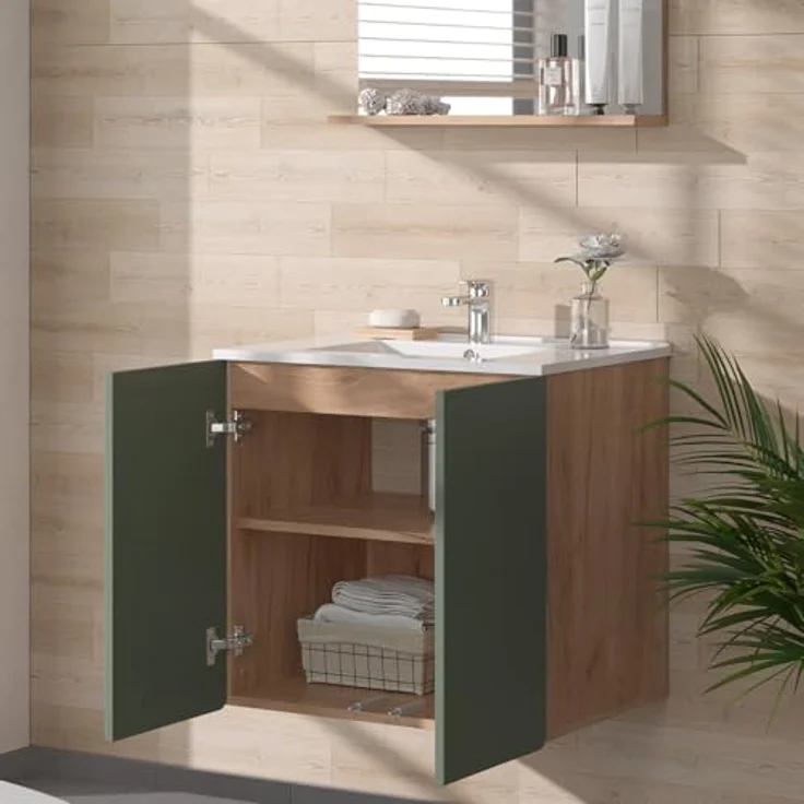 Vichy Badmöbel-Set Izan, 3 Teile in Goldkraft Eiche/Grün mit Spiegelschrank und Beleuchtung – Bild 4