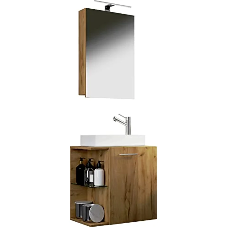 VCM Waschplatz "Hausa", Badmöbelset mit Spiegelschrank und hochwertigem Keramikwaschbecken, Glasfachboden, für WC und Gästetoilette – Bild 1