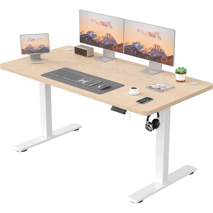 JUMMICO Höhenverstellbarer Elektrischer Schreibtisch mit USB Ladeanschluss, Schreibtisch Höhenverstellbar, Ergonomischer Steh-Sitz Tisch 160x70 cm, Beige