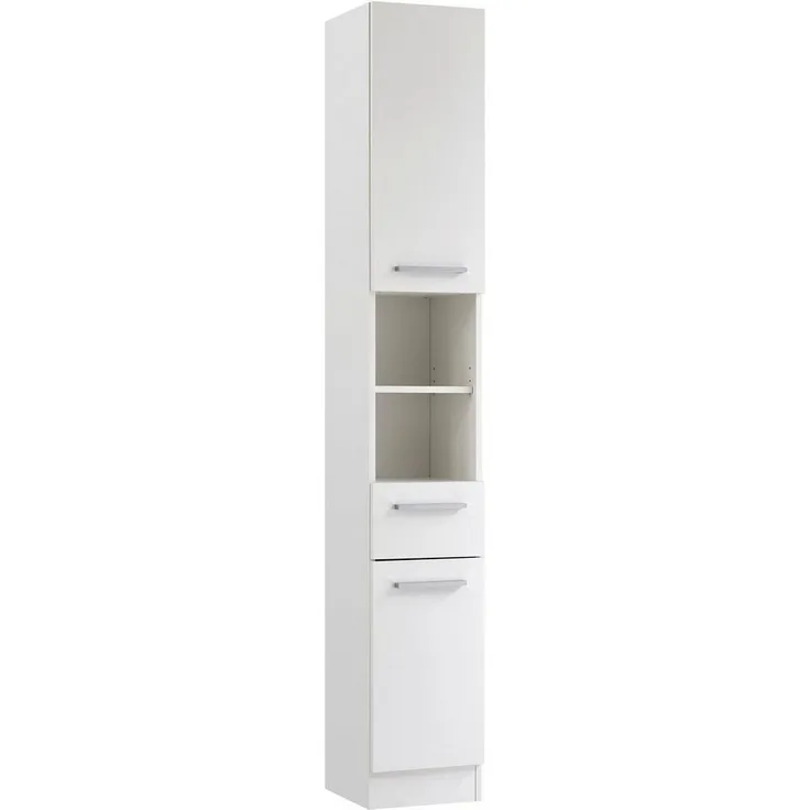 Saphir Hochschrank Quickset 335 Badschrank 30 cm breit, 2 Türen, 1 Nische, 1 Schublade Badezimmer-Hochschrank, Weiß Glanz, Griffe in Chrom glänzend