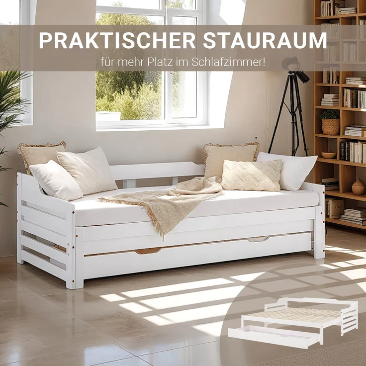 Gästebett Holzbett 90x200 cm mit 2 Matratzen Weiß Stauraum Tagesbett ausziehbar Jugendbett Ausziehbett Bett mit Bettkasten – Bild 7