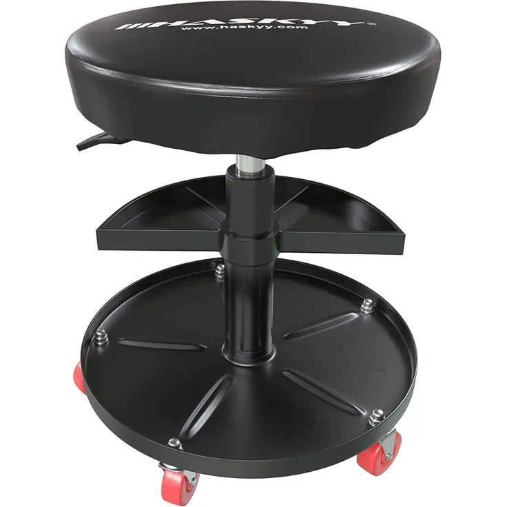 Haskyy Werkstatthocker Rollhocker | Höhe 430-580mm I Sitz Geleinlage | Werkstatt-Arbeits-Hocker-Stuhl-Sitz I 135kg | ø40 cm | 2 Ablagen I Schwarz