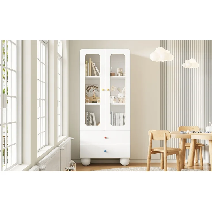 ZUBALIYA Glasvitrine, Kinder-Aufbewahrungsschrank, Bücherregal mit Schubladen, Büroschrank, Figurenvitrine, Bunte Keramikgriffe, Kugelförmige Schrankfüße,, Multifunktionsschrank, Weiß, 60 x 35 x 140 cm – Bild 24