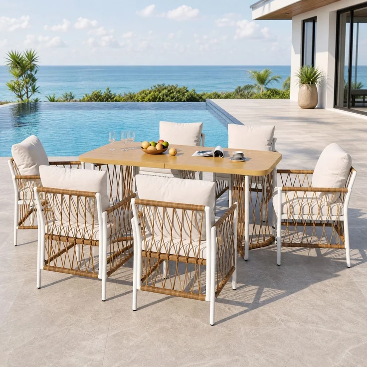 Gartenmöbel-Set mit 6 Stühlen, Tisch in Holzoptik, 159,5x77,5x75 cm, Beige/Braun/Natur – Bild 2