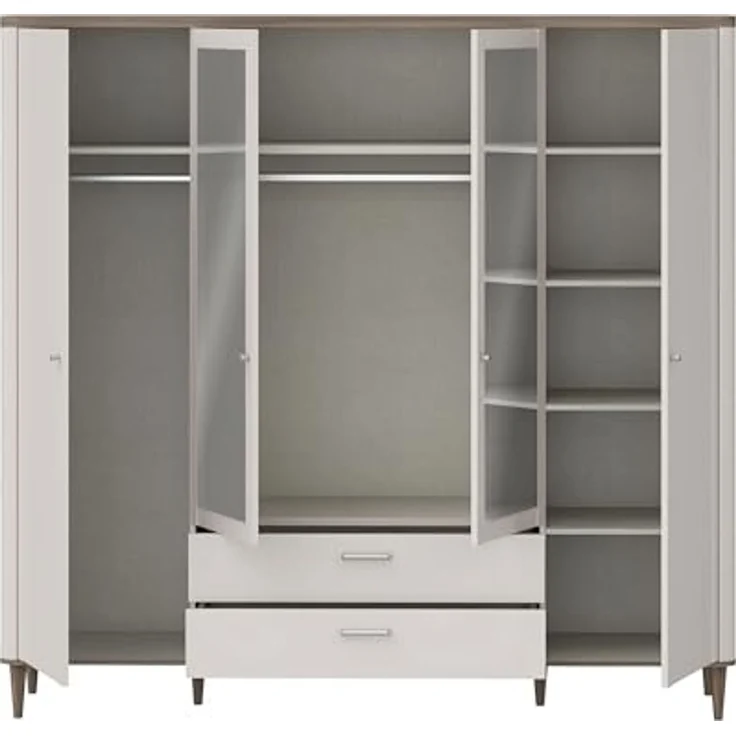 Forte LACETTI Kleiderschrank 200 210, eleganter Schrank mit Spiegel, 4-türig, 2 Schubladen, hohe Beine, Kaschmir-Beige-Valencia Eiche Holzdekor, 209,5 cm breit x 200,5 cm hoch x 52,7 cm tief – Bild 3