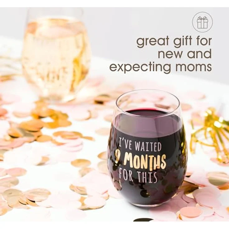 Pearhead I’ve Waited 9 Months for This Stemless Wine Glass, New Mom Mother’s Day Accessory, Expecting Mother Keepsake, Pink and Gold – Bild 4