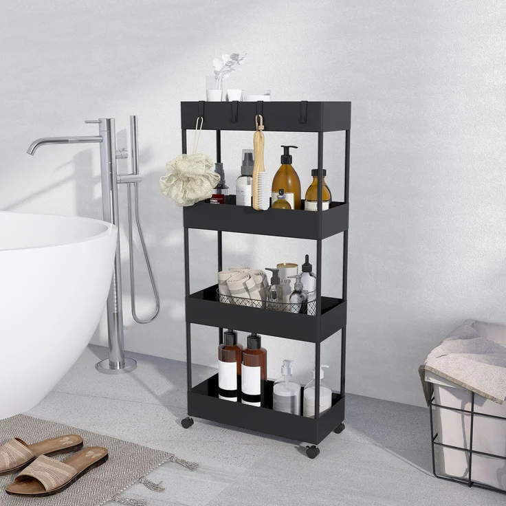 Küchenwagen mit 4 Regalen, 4 flexiblen Haken, 4 Rollen, 40 cm x 19 cm x 90 cm, Nischenwagen, Schwarz--Schwarz--40x19x90cm--YOUDENOVA – Bild 10