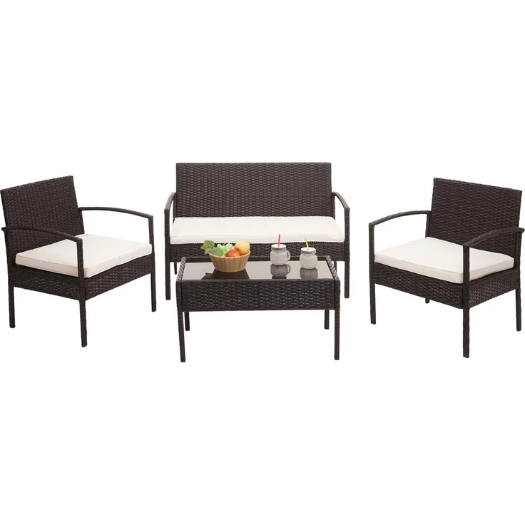Poly-Rattan Garnitur HWC-F56, Balkon-/Garten-/Lounge-Set Sitzgruppe ~ braun, Kissen creme