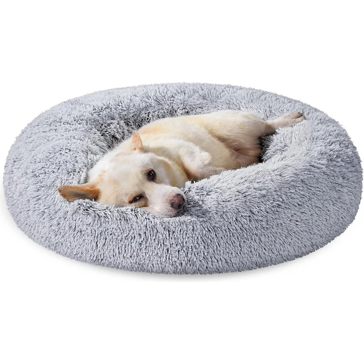 Feandrea Hundebett flauschig, Katzenbett, Donut Kissen, waschbar, Polsterung in der Mitte herausnehmbar, Langer Plüsch, 80 cm Durchmesser, Ombré-Grau PGW040G01