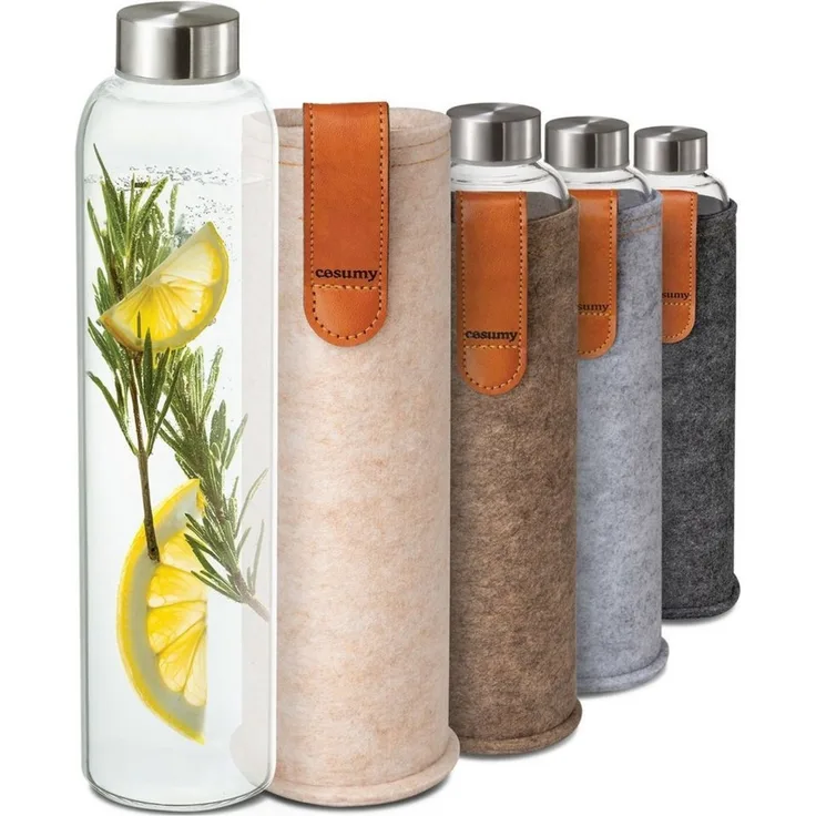 Cosumy Trinkflasche Trinkflasche aus Glas mit Filztasche 750ml - Spülmaschinenfest, Beige - BPA-freie Wasserflasche - für Kohlensäure geeignet