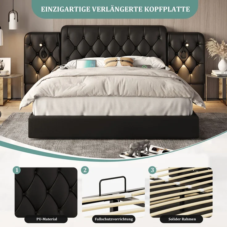 Polsterbett, PU-Leder mit USB-Anschluss, Leselampen & Stauraum, 160x200 cm, Schwarz, ohne Matratze – Bild 5