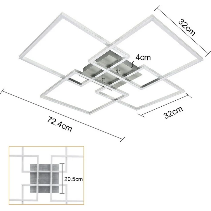 Nettlife LED Deckenleuchte Schlafzimmer Silber Dimmbar 64CM 36W Geometrisch Wohnzimmer, mit Fernbedienung, LED fest integriert, Farbwechsler, 3000K-6500K mit Fernbedienung für Flur Schlafzimmer Hotelzimmer – Bild 3
