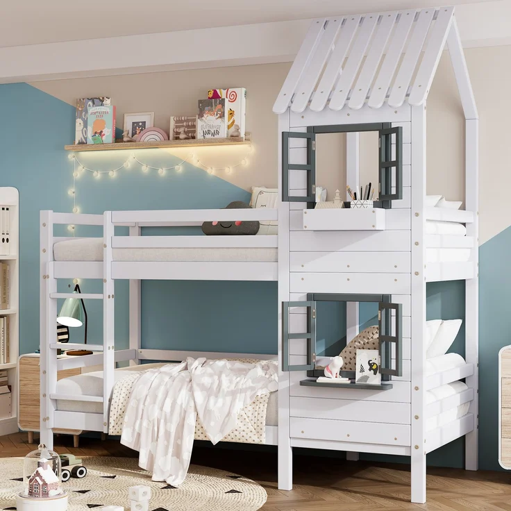 Merax Etagenbett mit Handlauf und Fenster, Hausbett, Kinderbett mit Fallschutz und Gitter, Rahmen aus Kiefer, weiß (90x200cm) – Bild 3