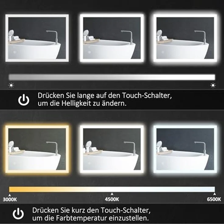 Kleankin Spiegel Badspiegel mit LED-Beleuchtung, Lichtspiegel mit Touchschalter (beschlagfreier Wandspiegel mit 3 Lichtfarben, 1-St, IP44 Wasserdicht), Memory-Funktion, 70cm x 50cm x 3cm – Bild 4