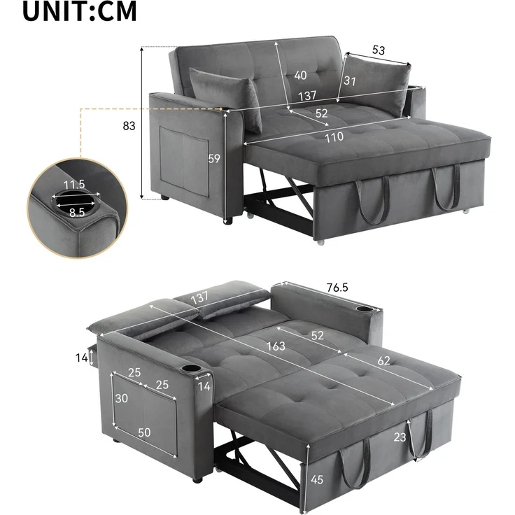 Schlafsofa Samt 3-in-1 verstellbar, 137 x 76.5 x 83 cm – Zweisitzer mit ausziehbarer Liege & Getränkehaltern – Bild 10