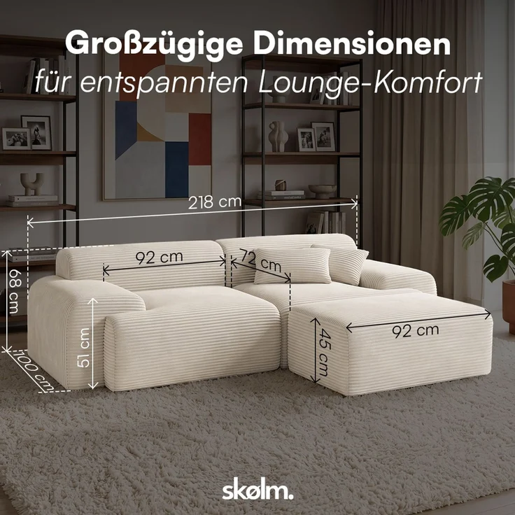 skølm 'Menja' Sofa 2-tlg mit Hocker, 2er Sitz mit 2 Kissen, Cord beige, Vollschaumcouch mit Federkern und Vakuum-Kompression, kein Aufbau erforderlich – Bild 8