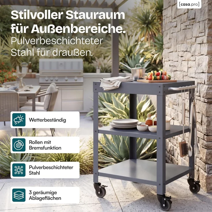 Outdoor Servierwagen Bolognano Stahl 81x50x50 cm Dunkelgrau [casa. pro] – Bild 3