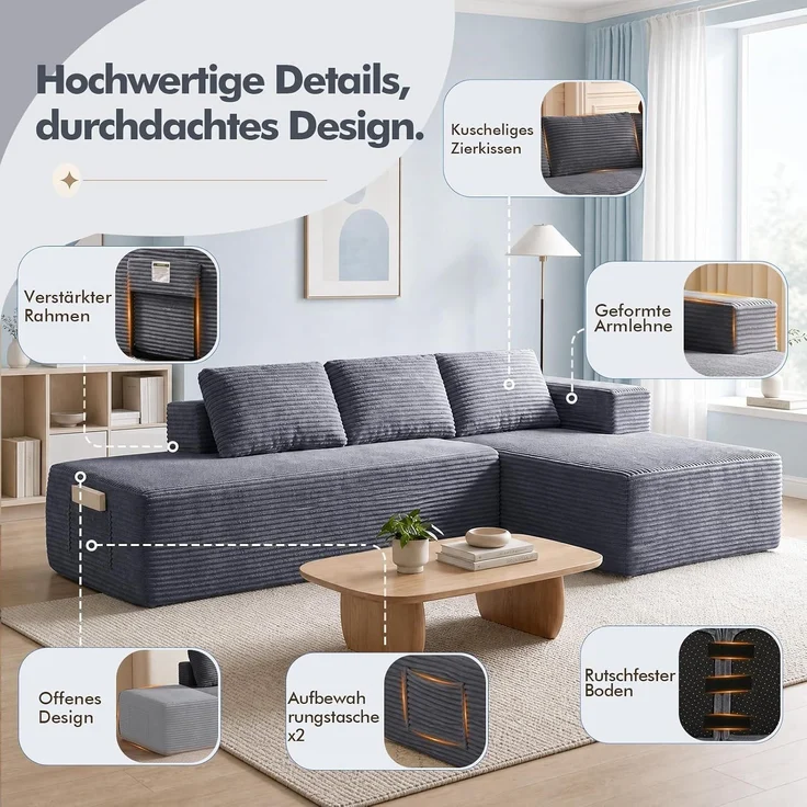 COMHOMA Ecksofa mit Schlaffunktion, 228cm Corduroy Modulares Boneless Couch mit Chaiselongue & Rücken-Metallgestell, L-Form Schlafsofa mit offenem Design, Kissen & Seitentaschen,für Wohnzimmer, GRAU-L – Bild 3