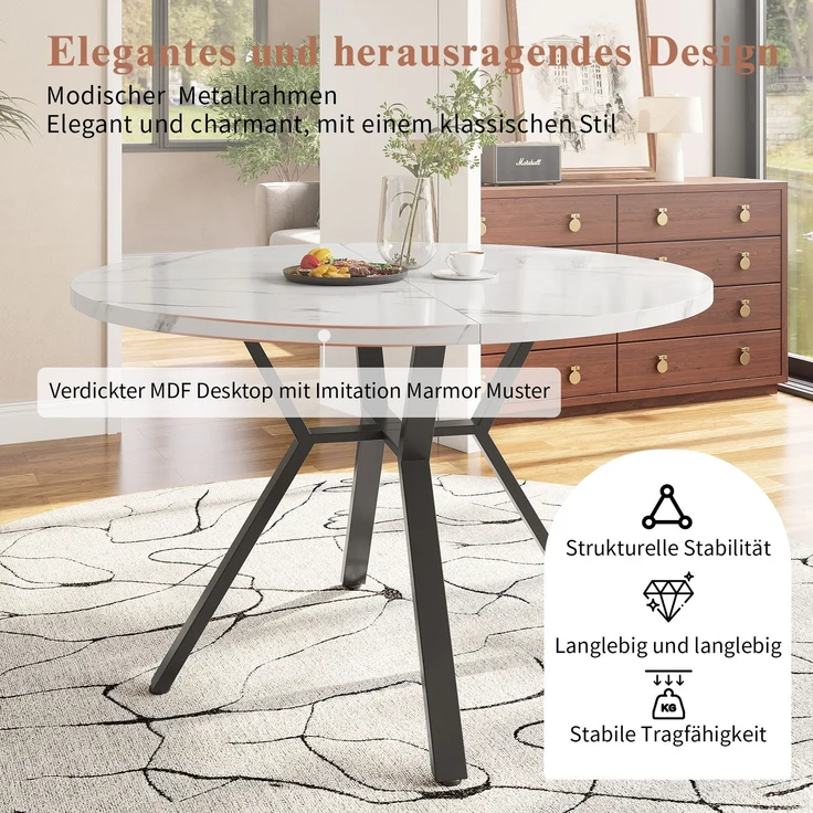 Merax Esstisch- und Stuhlset (5-teilig), modernes, schlichtes rundes Esstisch- und Stuhlset in Marmor-Optik, Tischbeine aus schwarzem Metall + 4 ergonomische Stühle aus grünem Wildleder – Bild 8