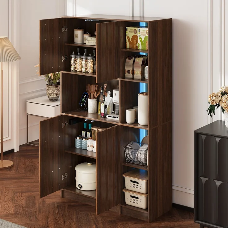 Küchenschrank, hoher Stauraumschrank mit LED-Beleuchtung, Küchenregal mit Steckdosen, Bücherregal & Vitrinenschrank für Wohnzimmer und Esszimmer, 180 × 105 × 40 cm--Nussbaum--105x40x180cm--YOUDENOVA – Bild 6